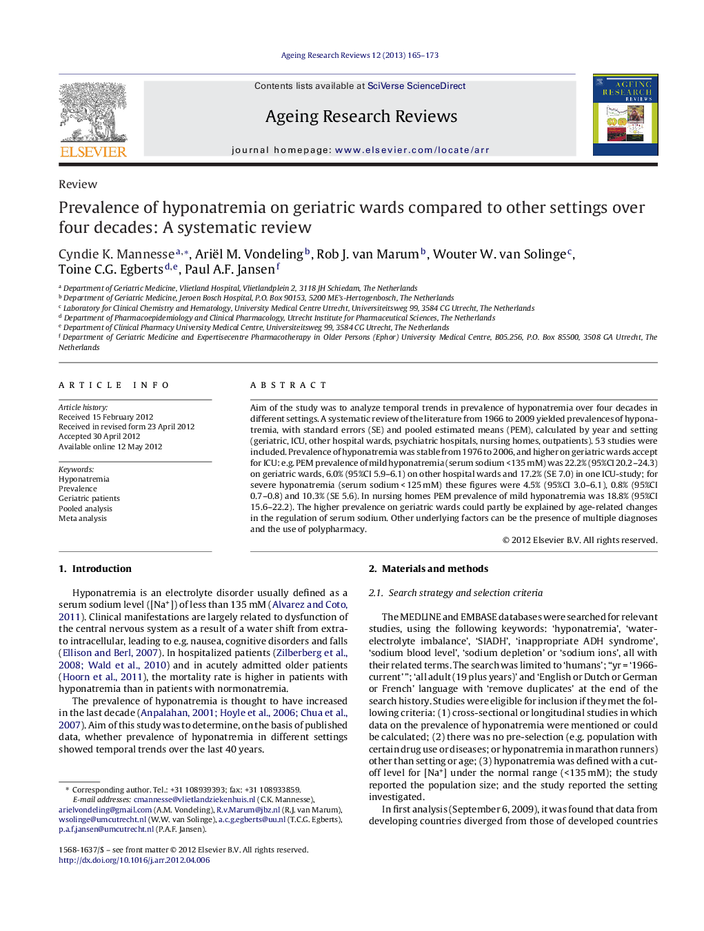 Prevalence of hyponatremia on geriatric wards compared to other settings over four decades: A systematic review