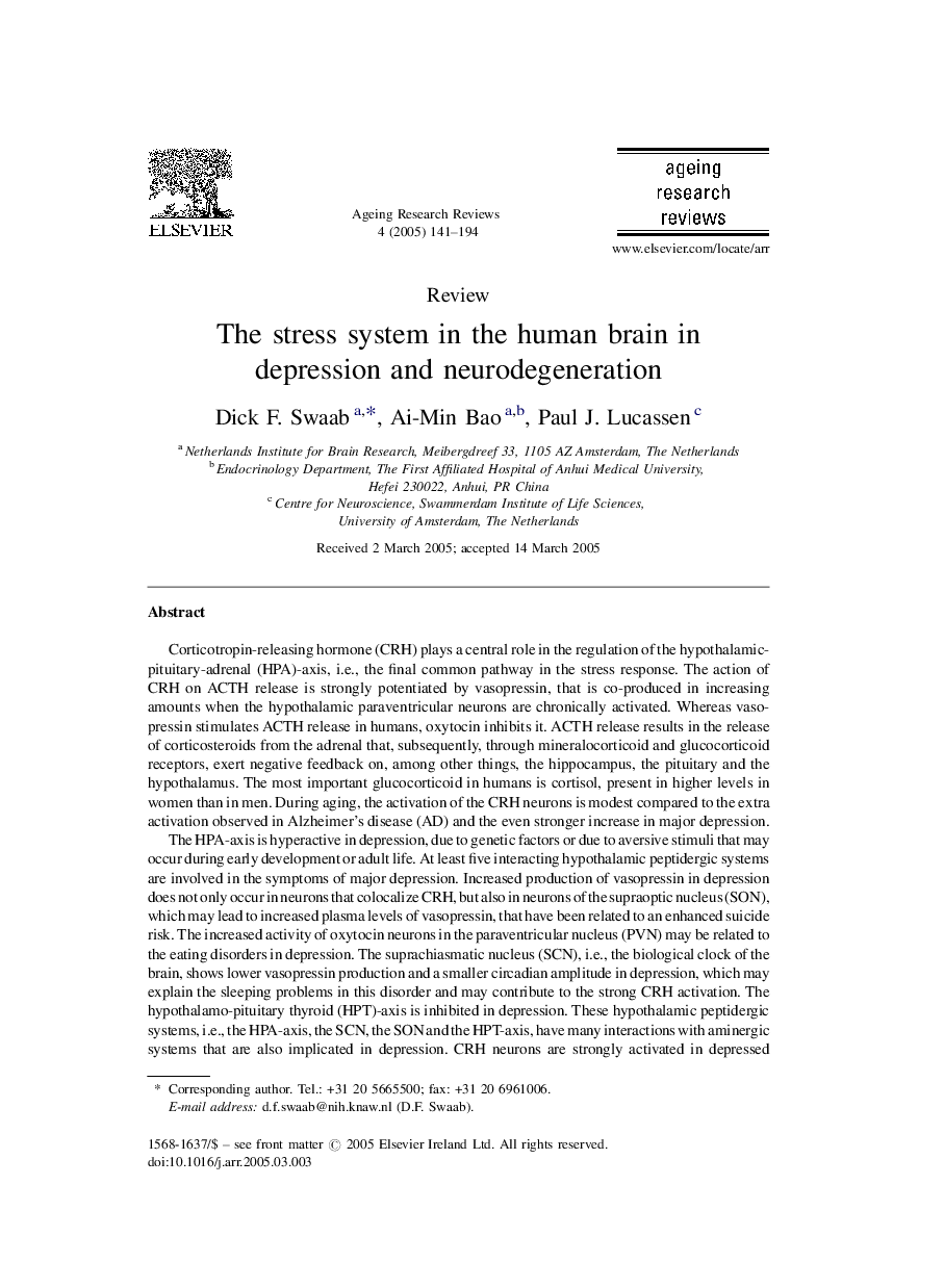 The stress system in the human brain in depression and neurodegeneration