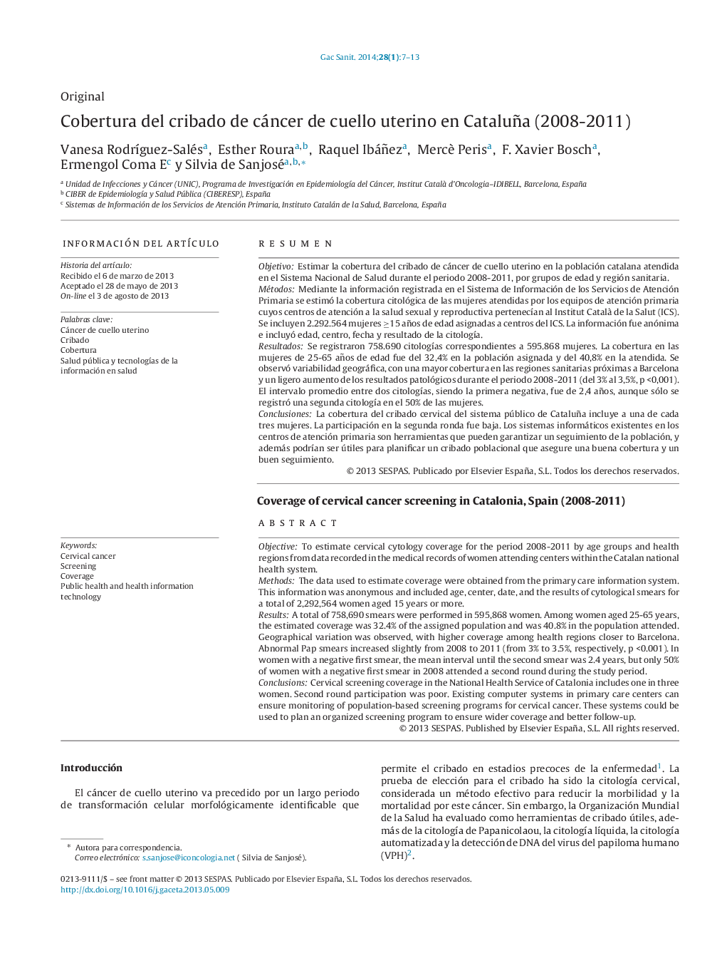 Cobertura del cribado de cáncer de cuello uterino en Cataluña (2008-2011)