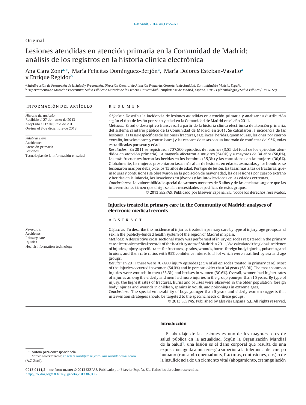 آسیب های درمان شده در مراقبت های اولیه در جامعه مادرید: ایجاد یک پرونده در تاریخ بالینی الکترونیکی 