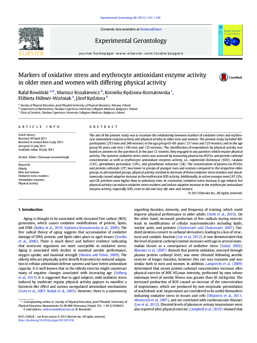 Markers of oxidative stress and erythrocyte antioxidant enzyme activity in older men and women with differing physical activity