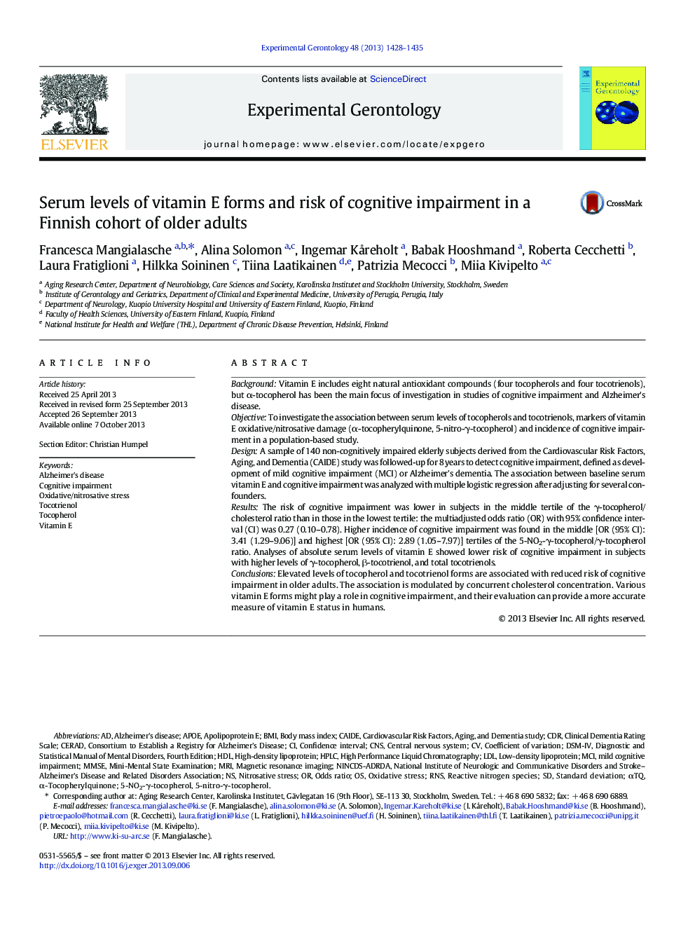 Serum levels of vitamin E forms and risk of cognitive impairment in a Finnish cohort of older adults