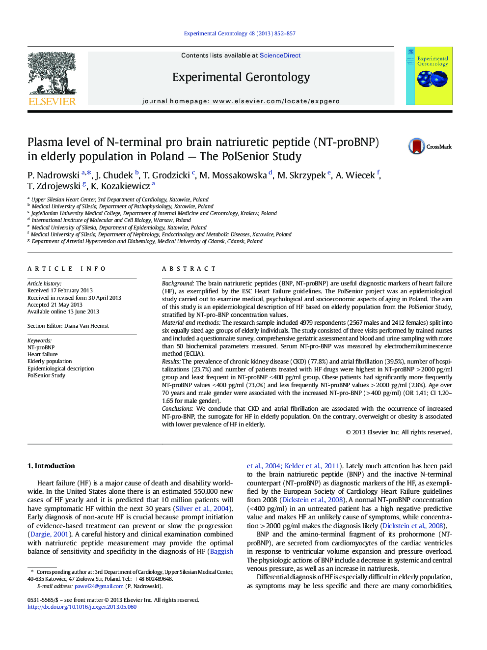 Plasma level of N-terminal pro brain natriuretic peptide (NT-proBNP) in elderly population in Poland - The PolSenior Study