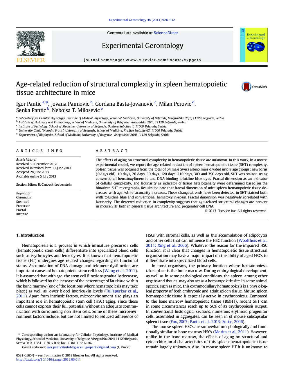 Age-related reduction of structural complexity in spleen hematopoietic tissue architecture in mice