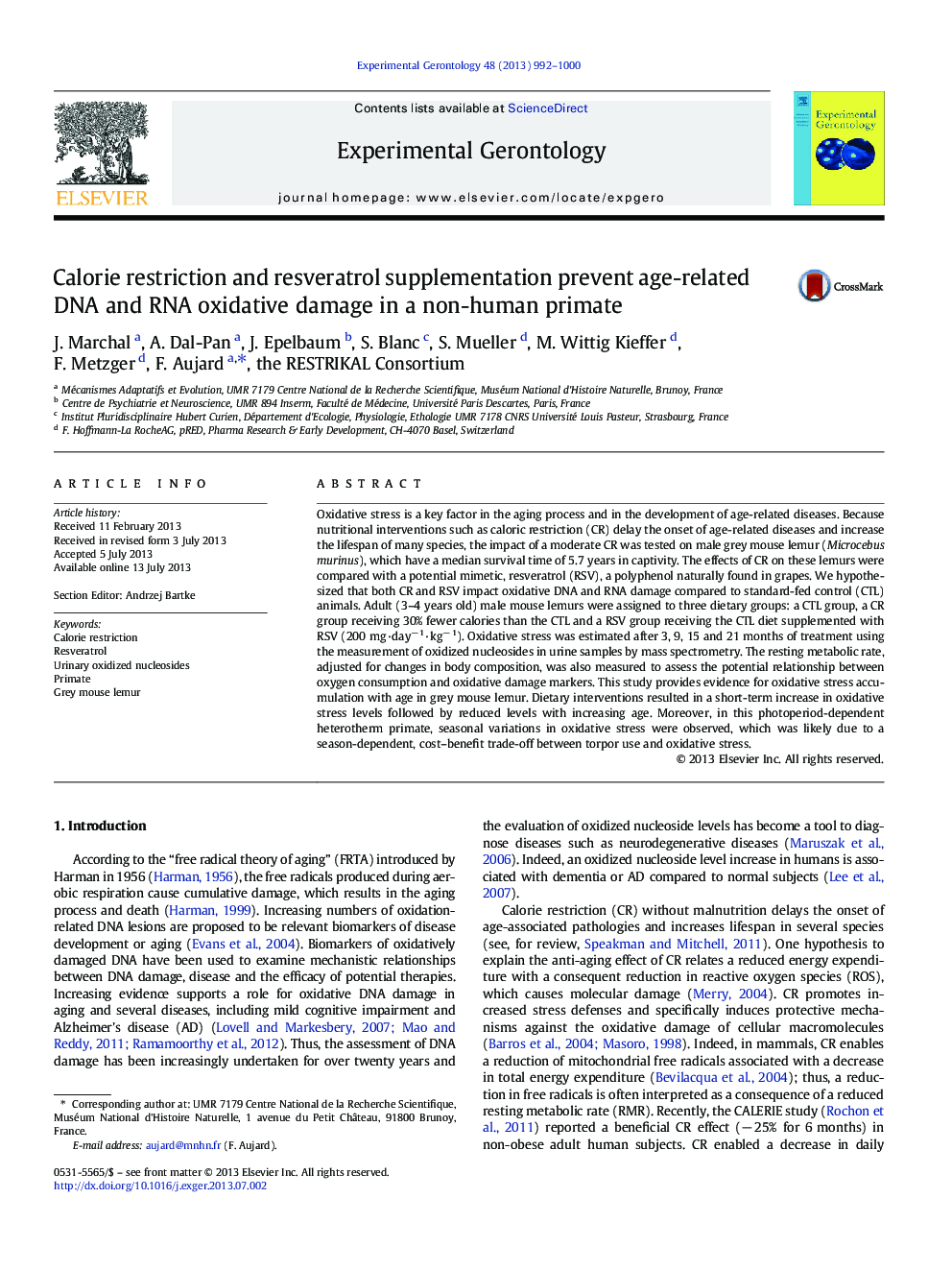 Calorie restriction and resveratrol supplementation prevent age-related DNA and RNA oxidative damage in a non-human primate