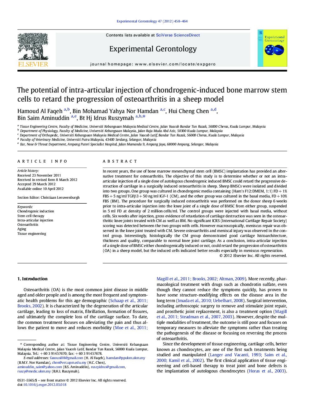 The potential of intra-articular injection of chondrogenic-induced bone marrow stem cells to retard the progression of osteoarthritis in a sheep model