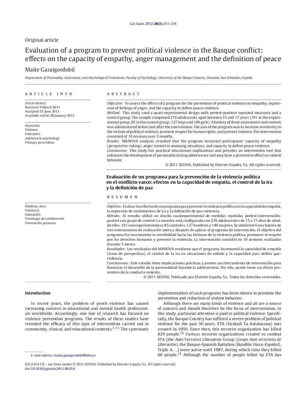 Evaluation of a program to prevent political violence in the Basque conflict: effects on the capacity of empathy, anger management and the definition of peace