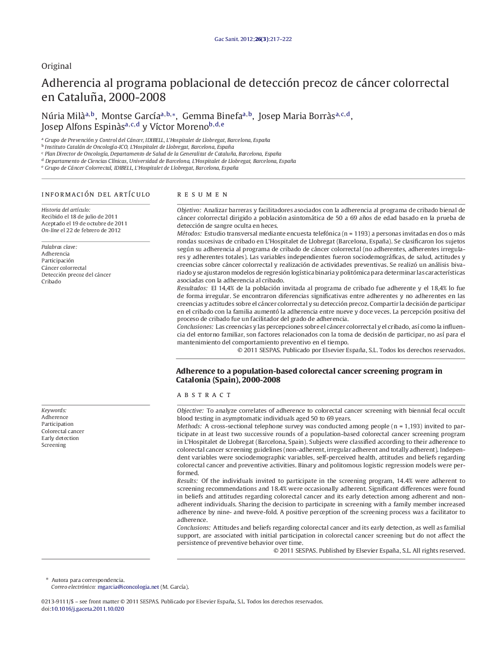 Adherencia al programa poblacional de detección precoz de cáncer colorrectal en Cataluña, 2000-2008