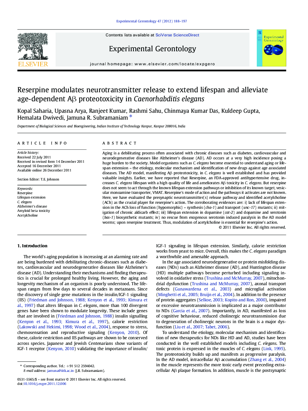 Reserpine modulates neurotransmitter release to extend lifespan and alleviate age-dependent AÎ² proteotoxicity in Caenorhabditis elegans