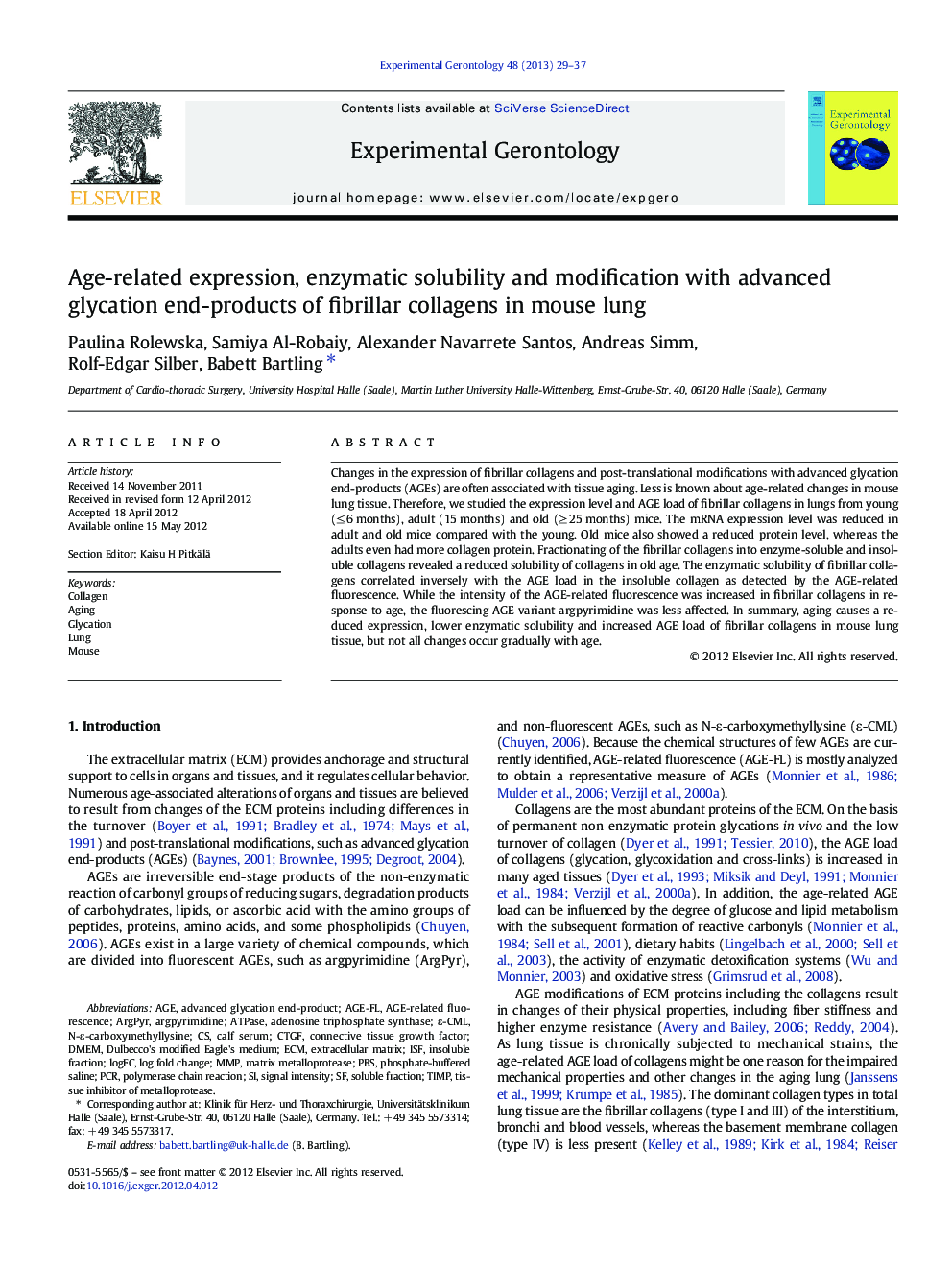 Ageârelated expression, enzymatic solubility and modification with advanced glycation endâproducts of fibrillar collagens in mouse lung