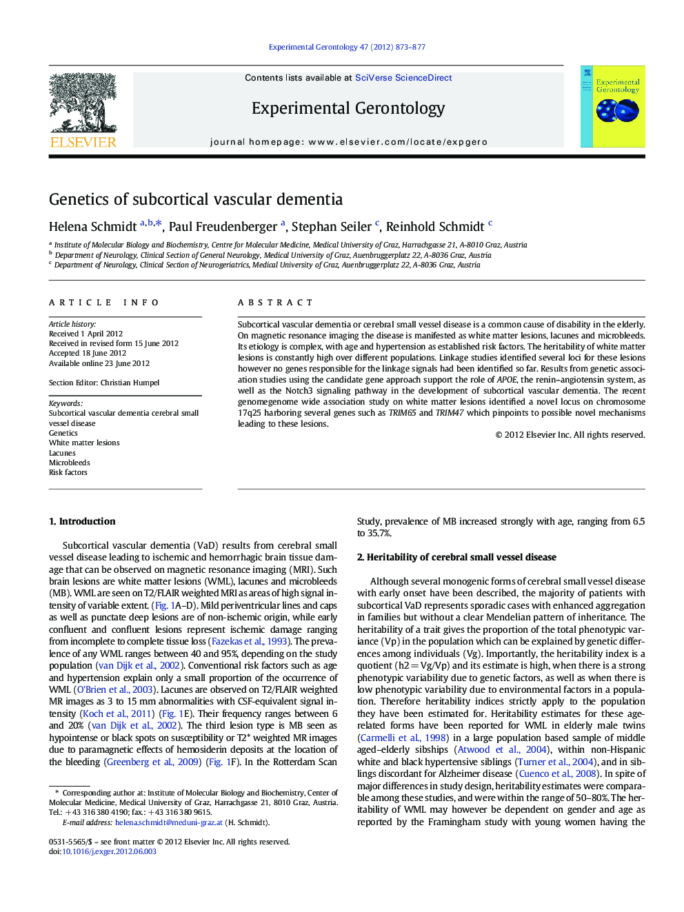 Genetics of subcortical vascular dementia