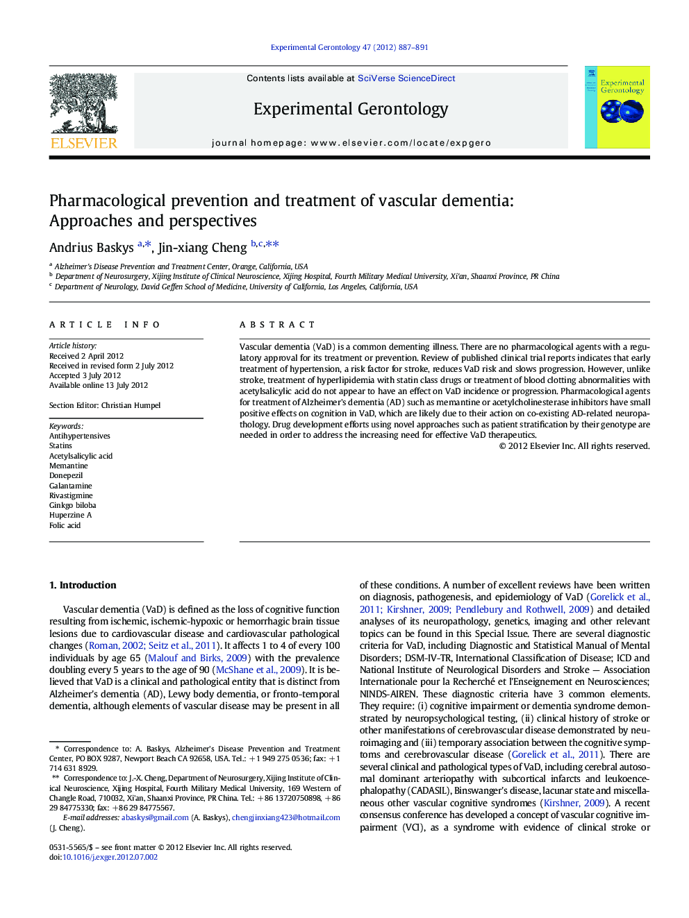 Pharmacological prevention and treatment of vascular dementia: Approaches and perspectives