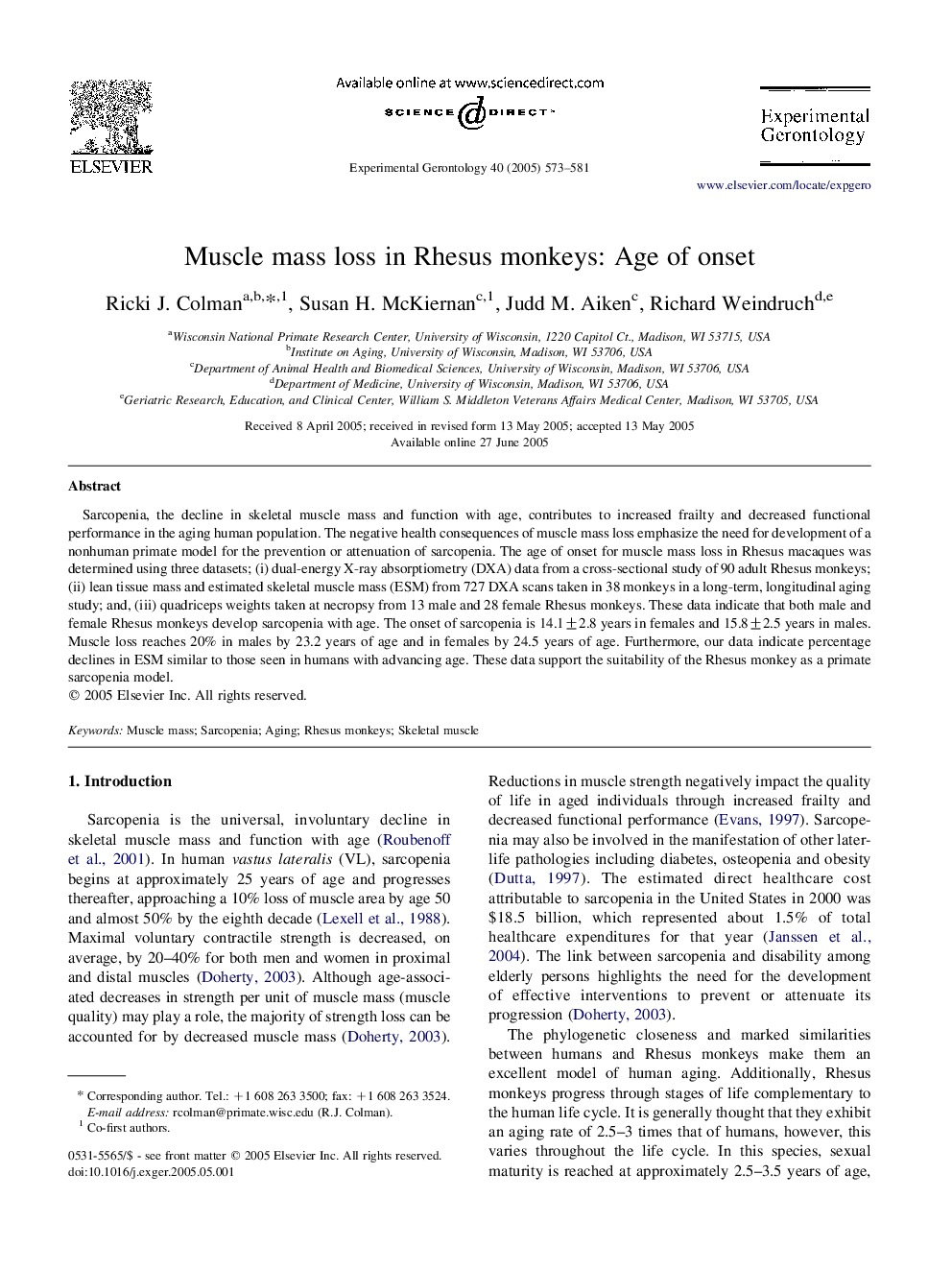 Muscle mass loss in Rhesus monkeys: Age of onset