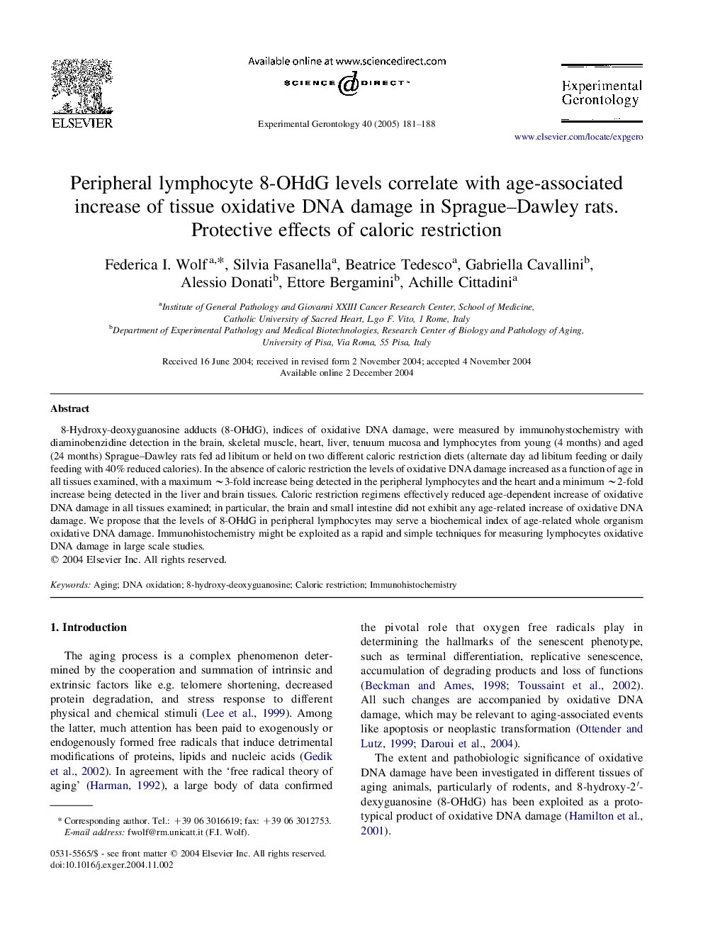 Peripheral lymphocyte 8-OHdG levels correlate with age-associated increase of tissue oxidative DNA damage in Sprague-Dawley rats. Protective effects of caloric restriction