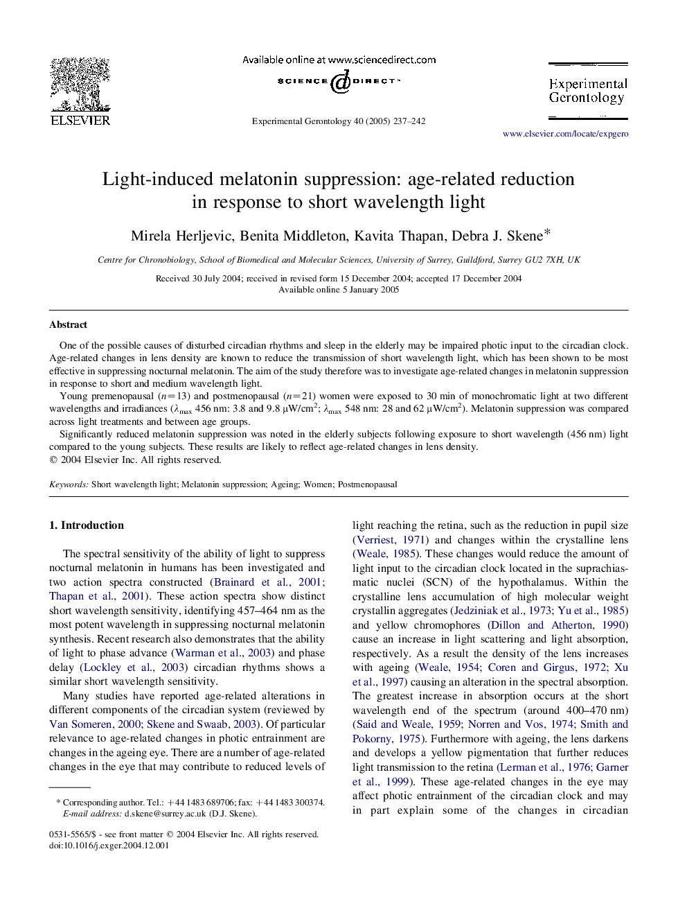 Light-induced melatonin suppression: age-related reduction in response to short wavelength light