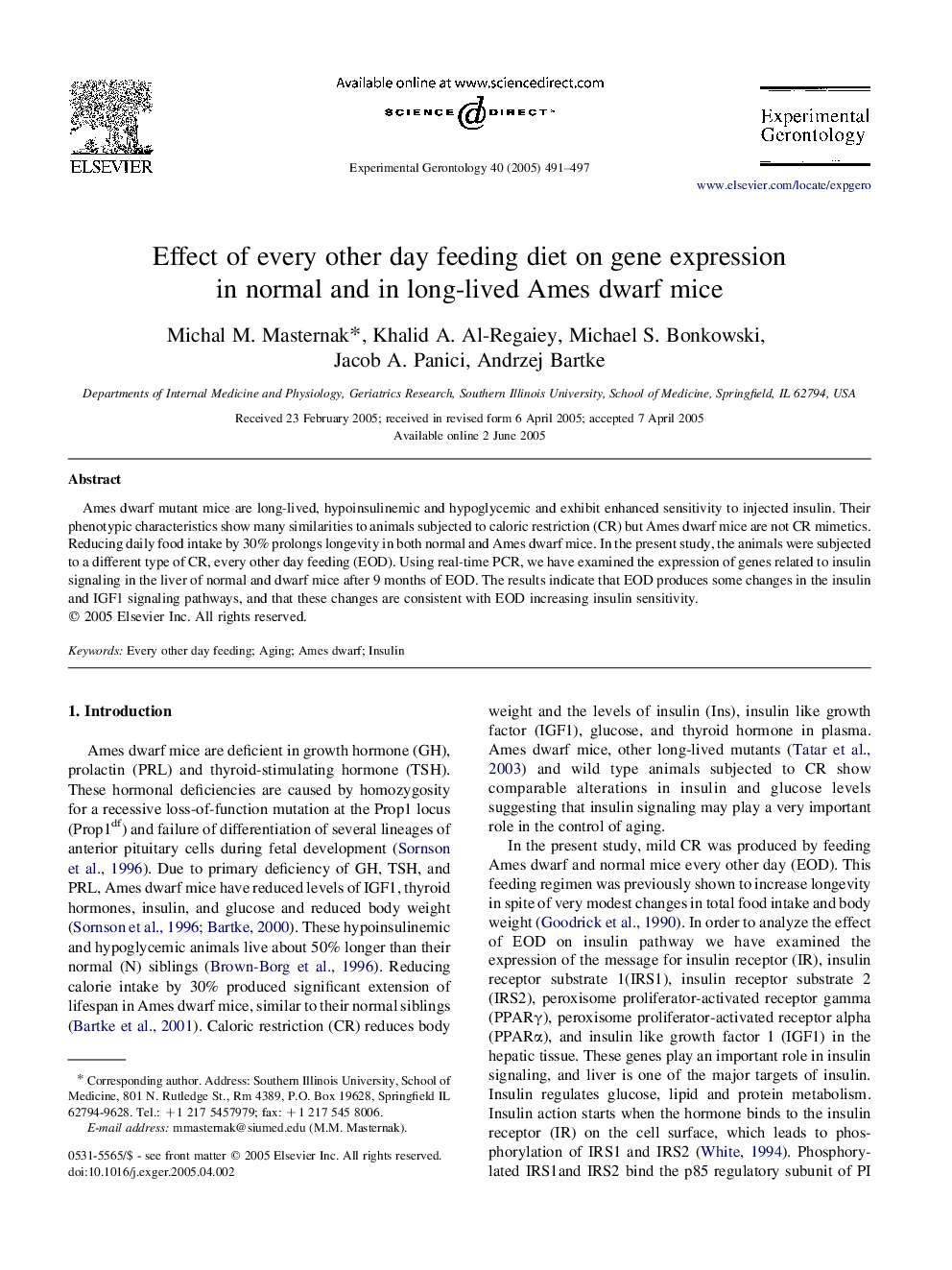 Effect of every other day feeding diet on gene expression in normal and in long-lived Ames dwarf mice