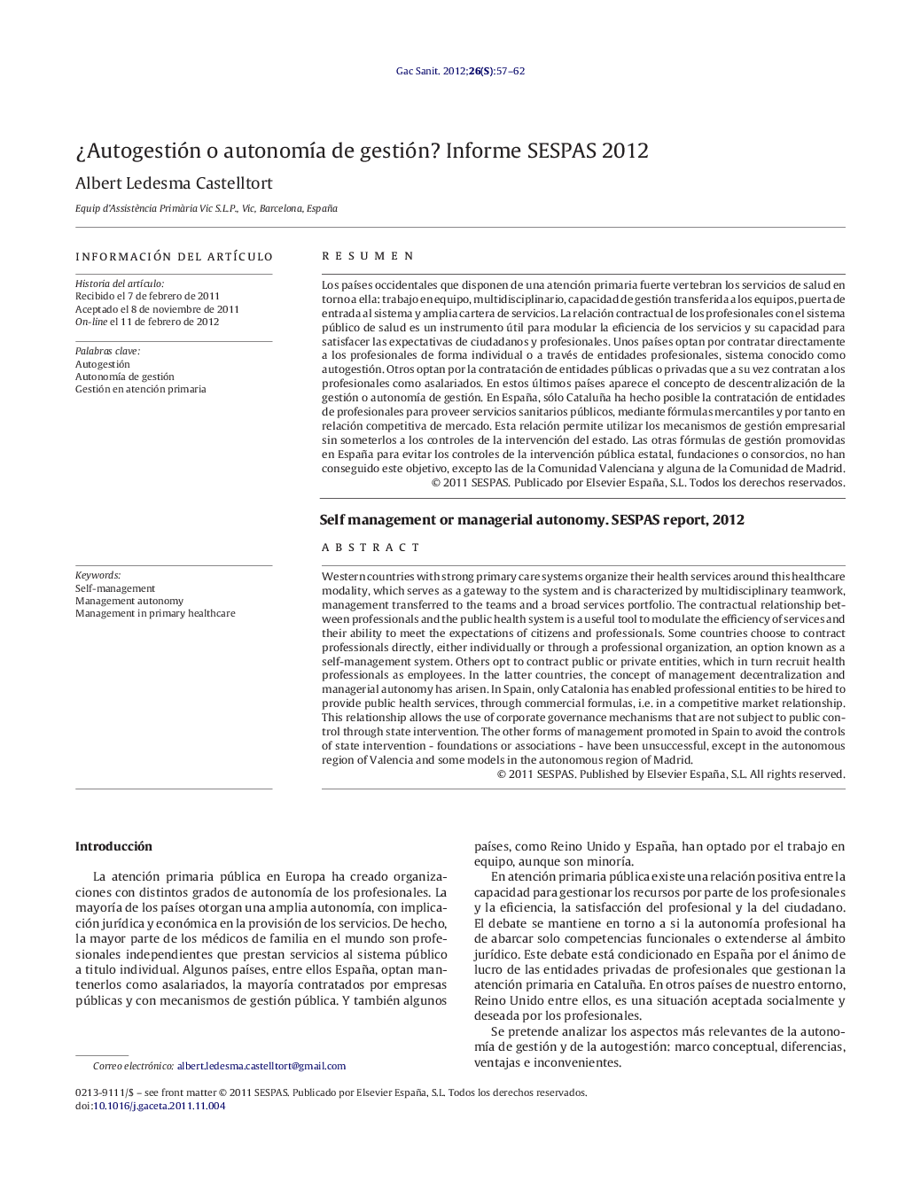 ¿Autogestión o autonomía de gestión? Informe SESPAS 2012