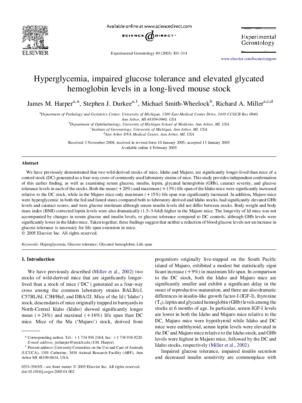 Hyperglycemia, impaired glucose tolerance and elevated glycated hemoglobin levels in a long-lived mouse stock