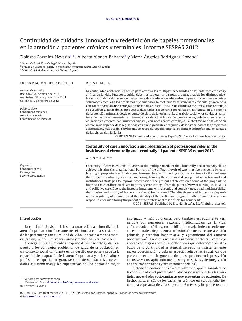 Continuidad de cuidados, innovación y redefinición de papeles profesionales en la atención a pacientes crónicos y terminales. Informe SESPAS 2012