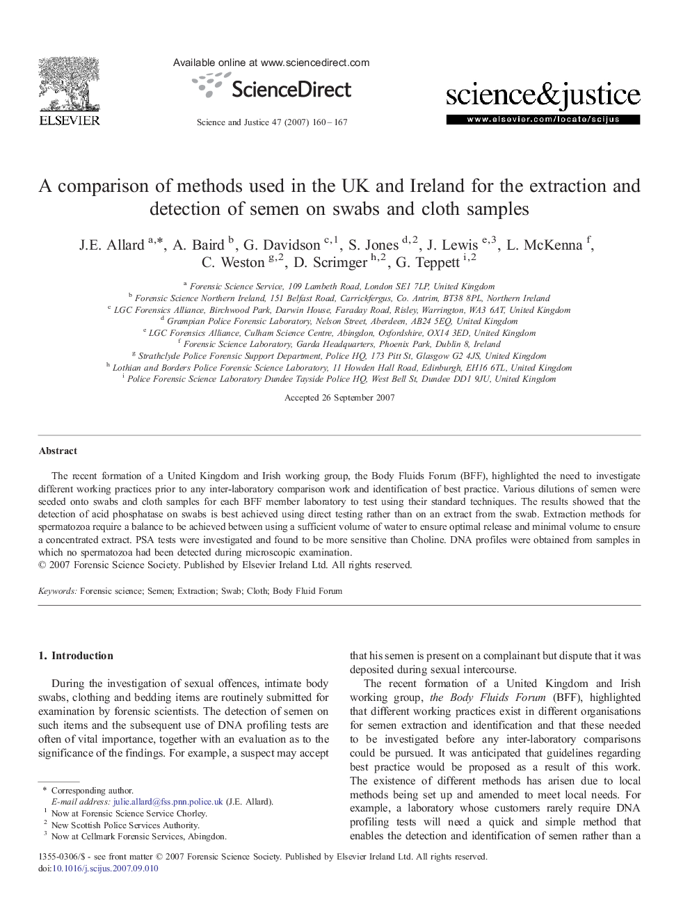 A comparison of methods used in the UK and Ireland for the extraction and detection of semen on swabs and cloth samples