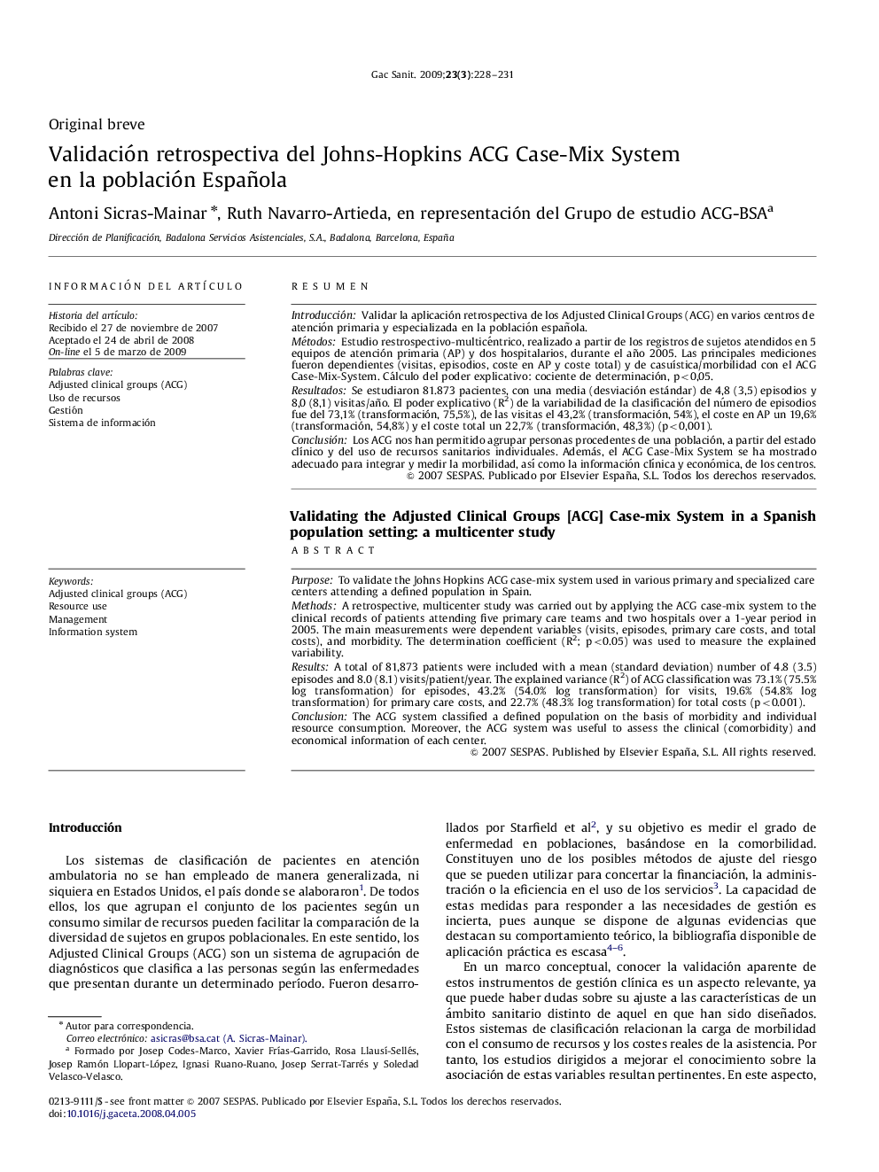 Validación retrospectiva del Johns-Hopkins ACG Case-Mix System en la población Española