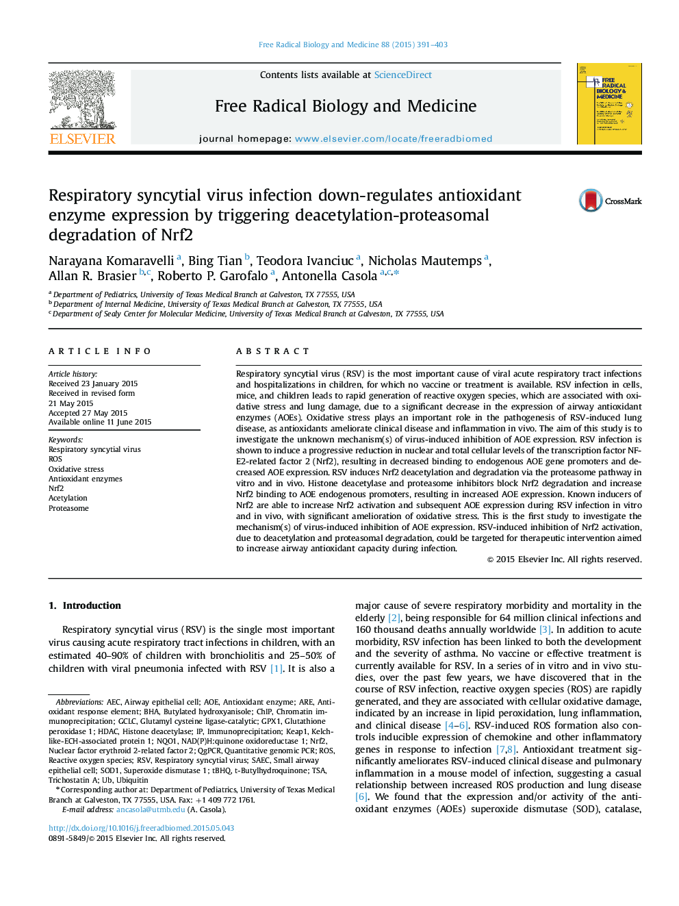 Respiratory syncytial virus infection down-regulates antioxidant enzyme expression by triggering deacetylation-proteasomal degradation of Nrf2