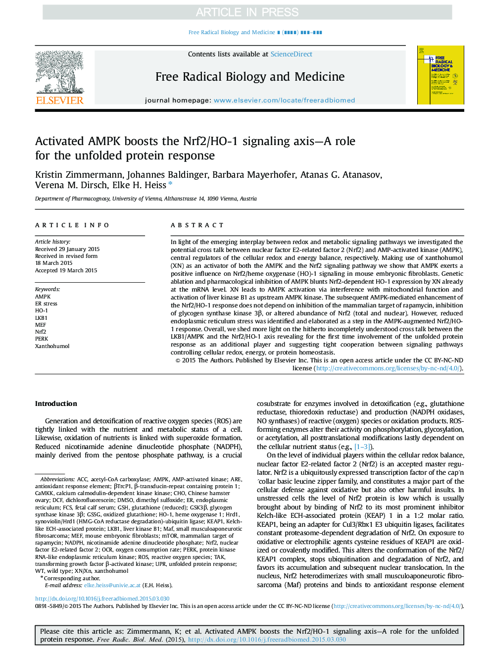 Activated AMPK boosts the Nrf2/HO-1 signaling axis-A role for the unfolded protein response
