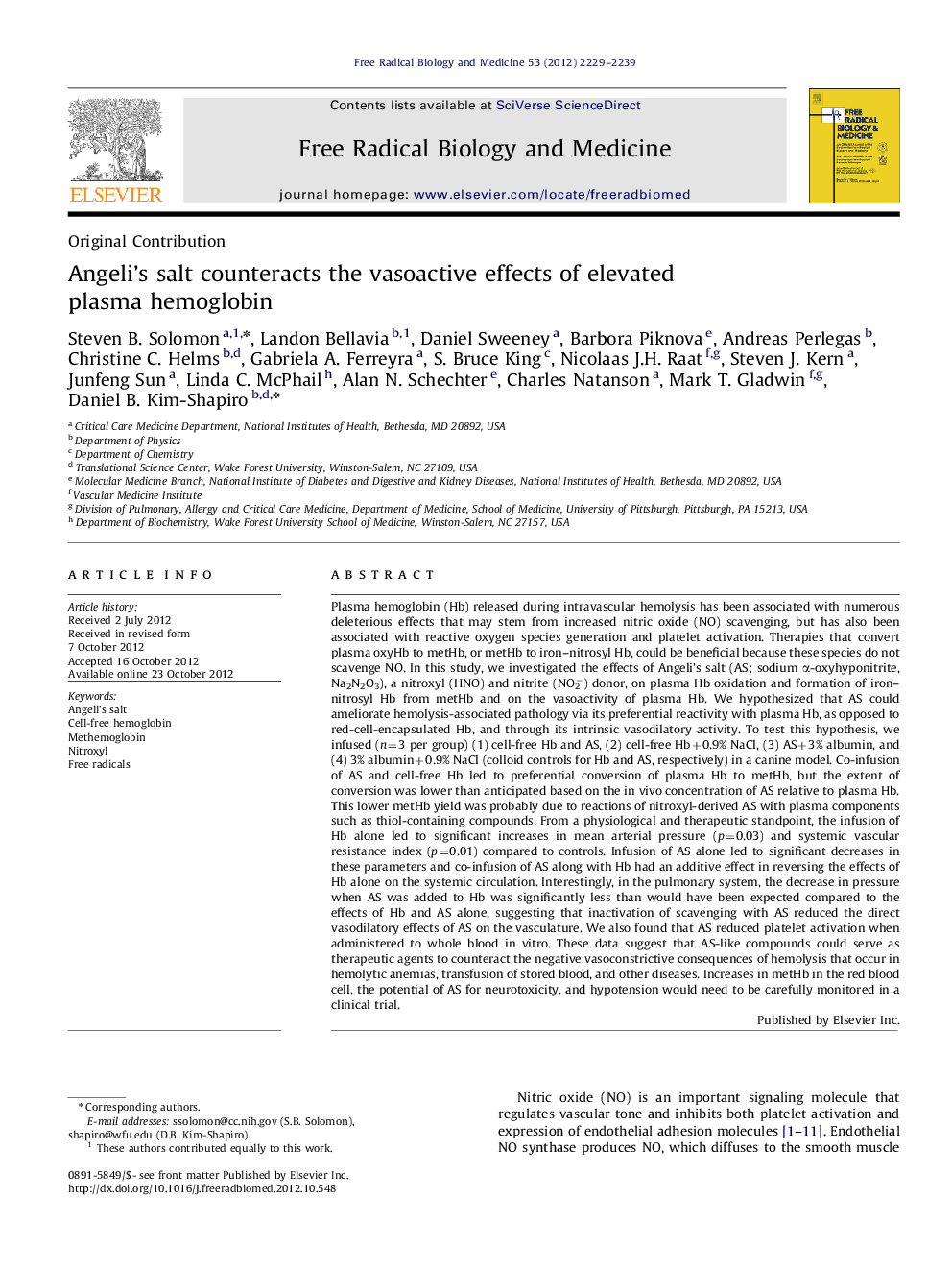 Angeli's salt counteracts the vasoactive effects of elevated plasma hemoglobin