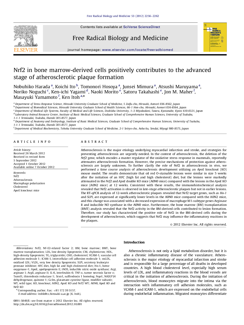 Nrf2 in bone marrow-derived cells positively contributes to the advanced stage of atherosclerotic plaque formation