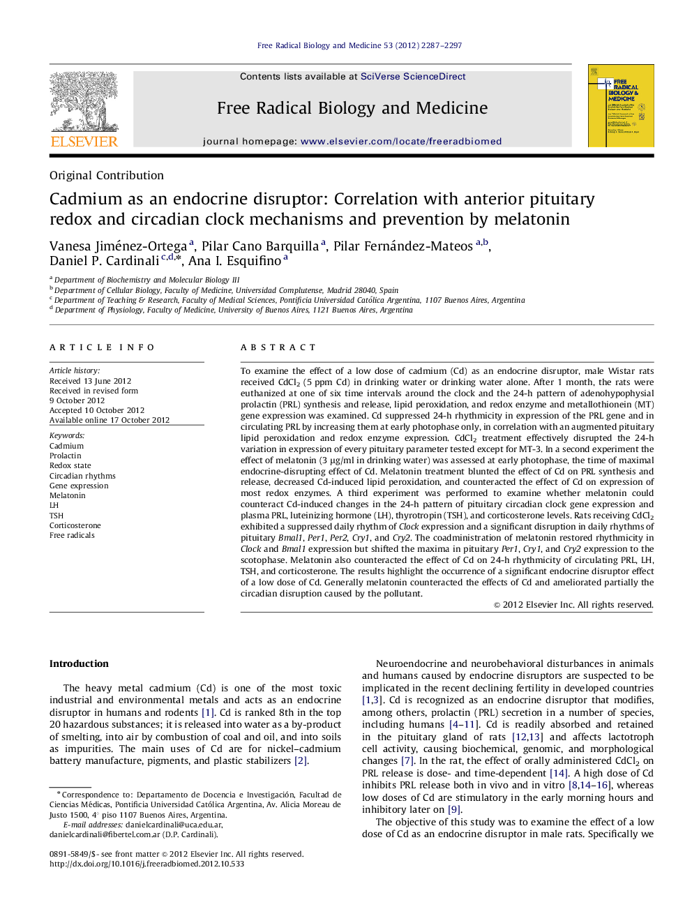 Cadmium as an endocrine disruptor: Correlation with anterior pituitary redox and circadian clock mechanisms and prevention by melatonin