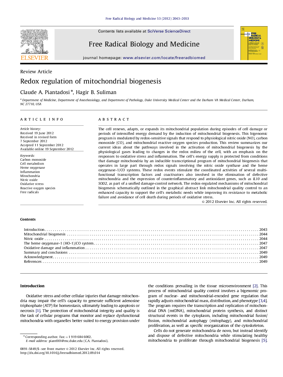 Redox regulation of mitochondrial biogenesis