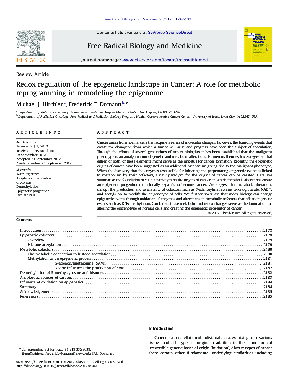 Redox regulation of the epigenetic landscape in Cancer: A role for metabolic reprogramming in remodeling the epigenome