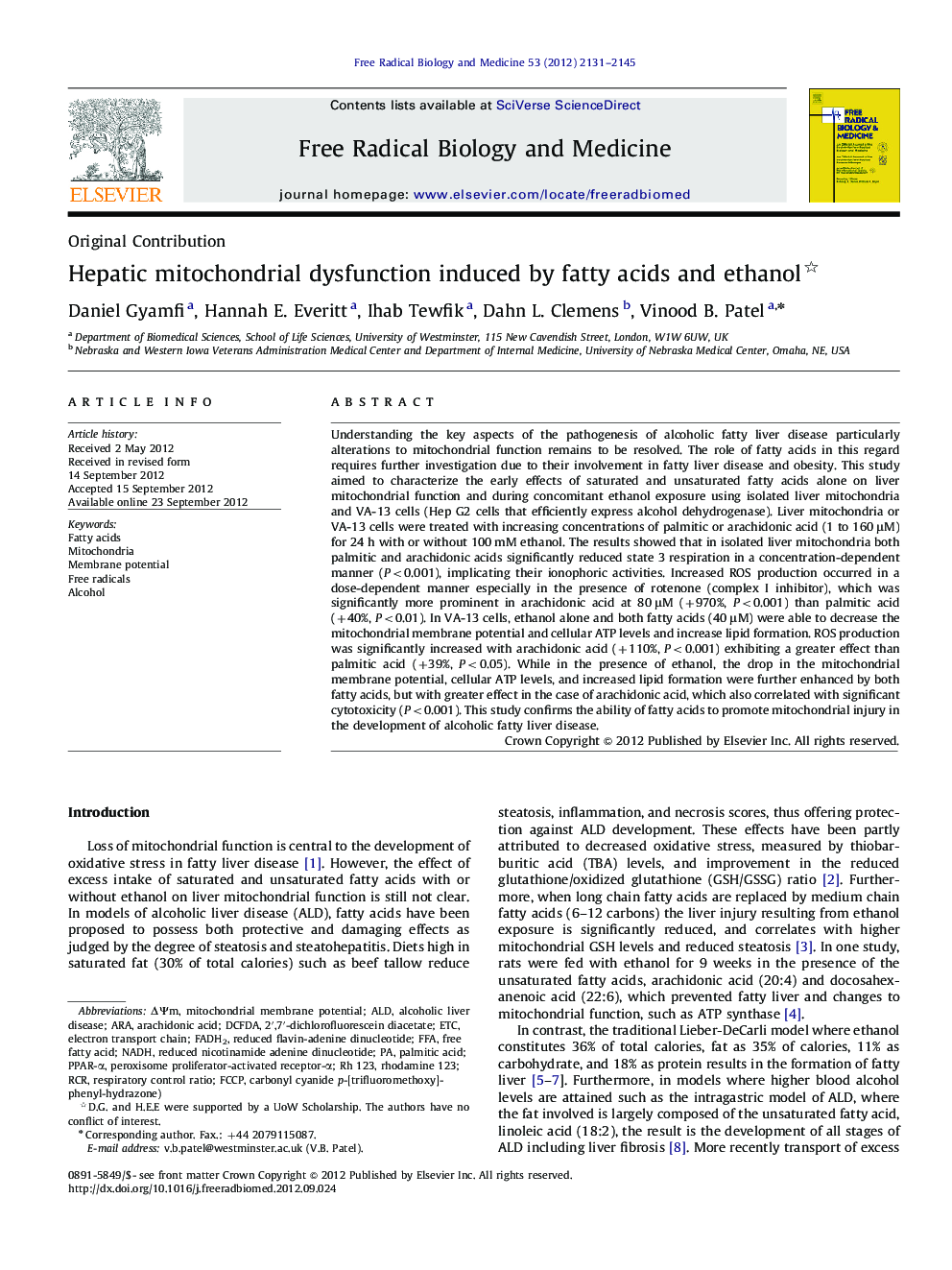 Hepatic mitochondrial dysfunction induced by fatty acids and ethanol