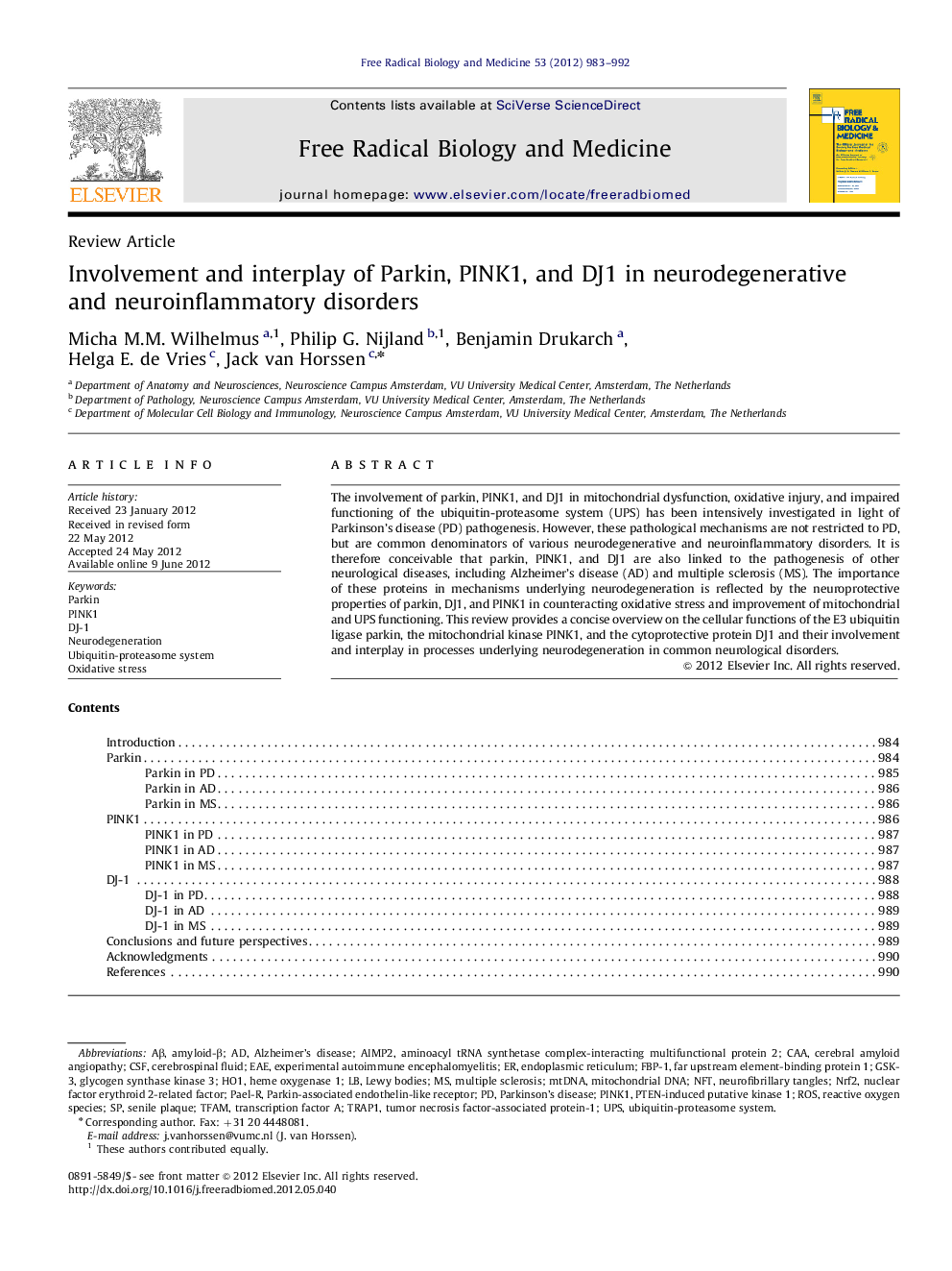 Involvement and interplay of Parkin, PINK1, and DJ1 in neurodegenerative and neuroinflammatory disorders