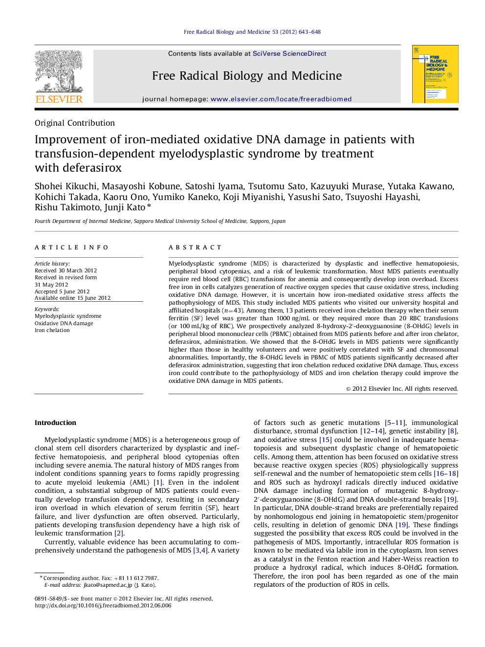 Improvement of iron-mediated oxidative DNA damage in patients with transfusion-dependent myelodysplastic syndrome by treatment with deferasirox