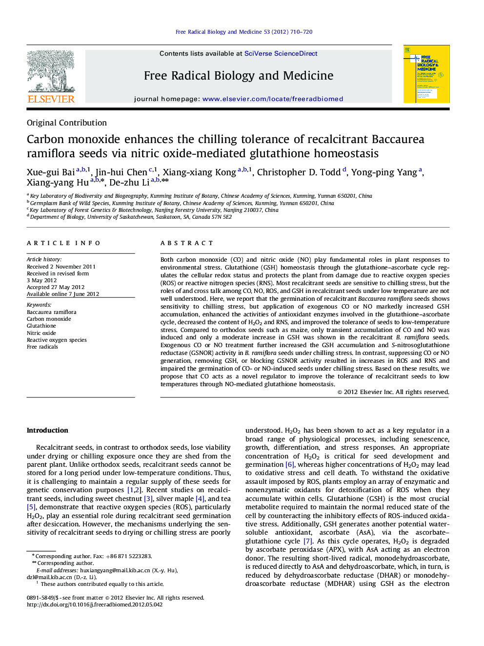 Carbon monoxide enhances the chilling tolerance of recalcitrant Baccaurea ramiflora seeds via nitric oxide-mediated glutathione homeostasis