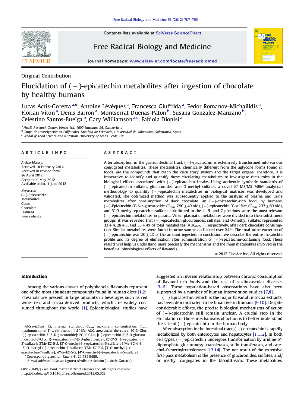 Elucidation of (â)-epicatechin metabolites after ingestion of chocolate by healthy humans