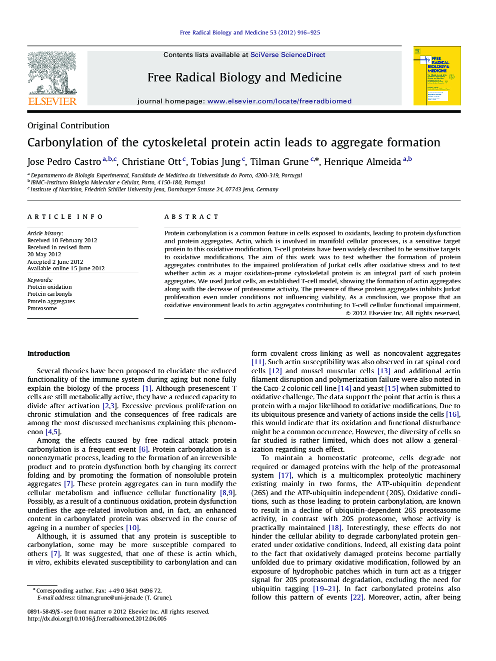 Carbonylation of the cytoskeletal protein actin leads to aggregate formation