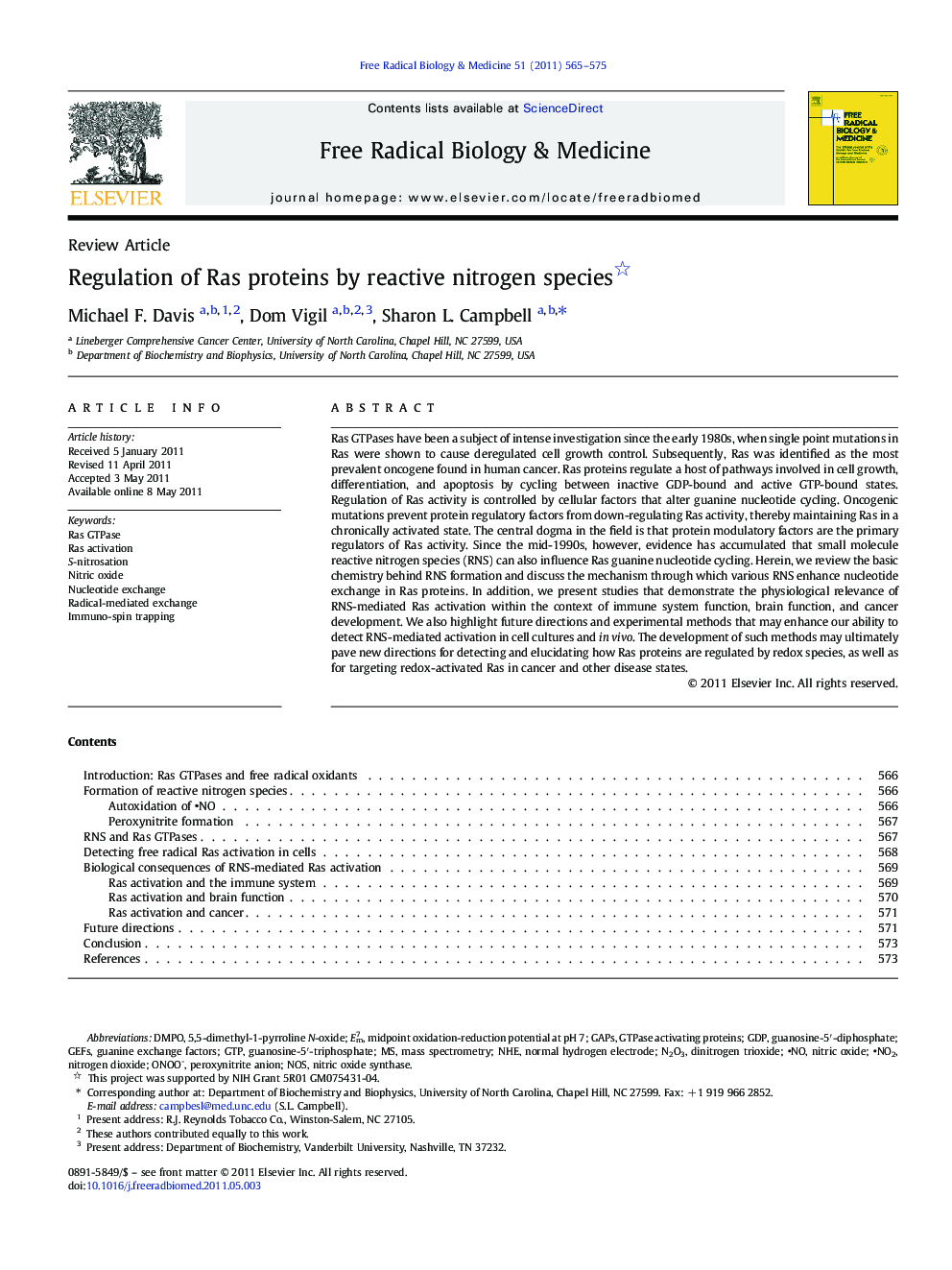 Regulation of Ras proteins by reactive nitrogen species