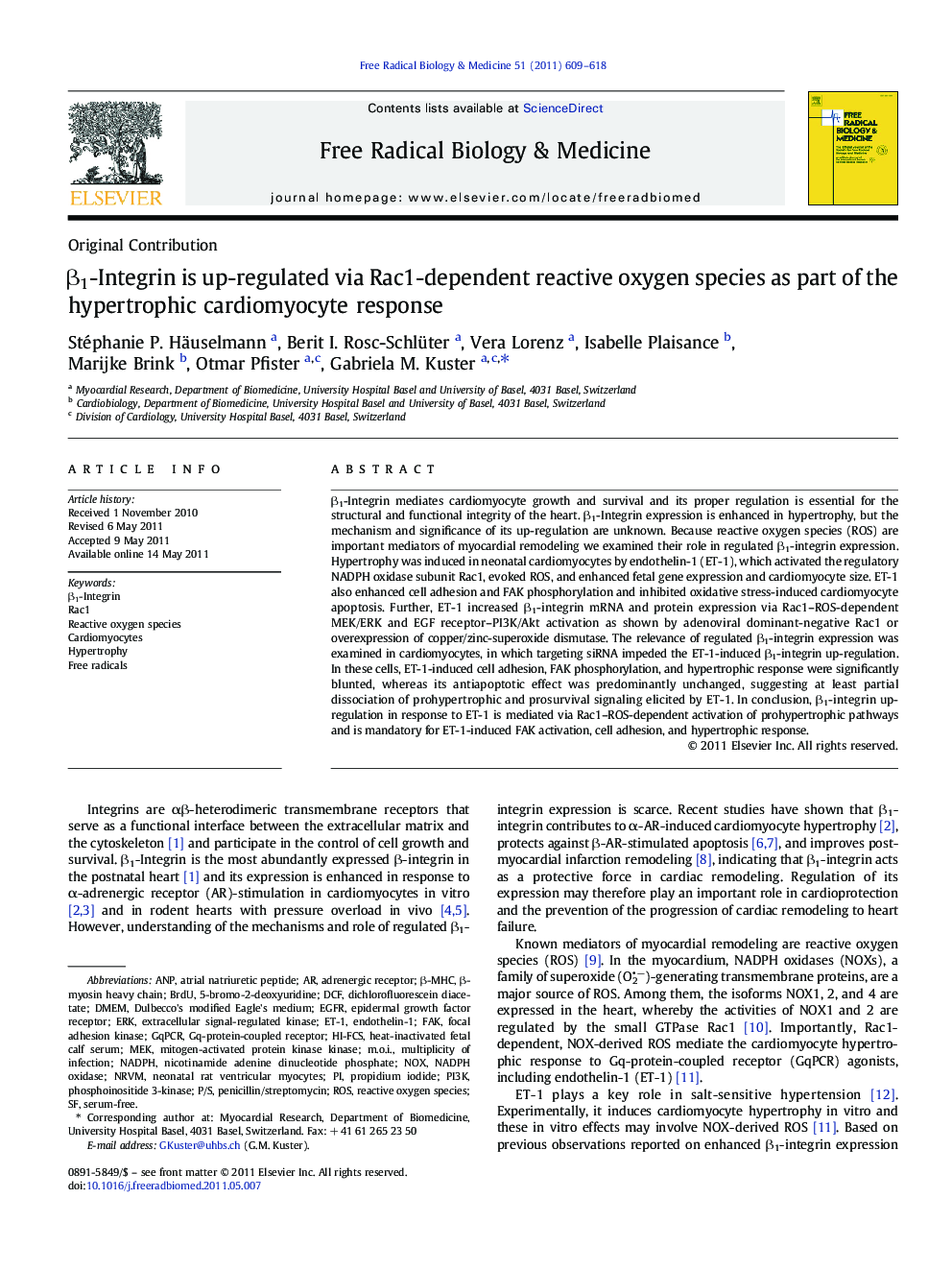 Î²1-Integrin is up-regulated via Rac1-dependent reactive oxygen species as part of the hypertrophic cardiomyocyte response