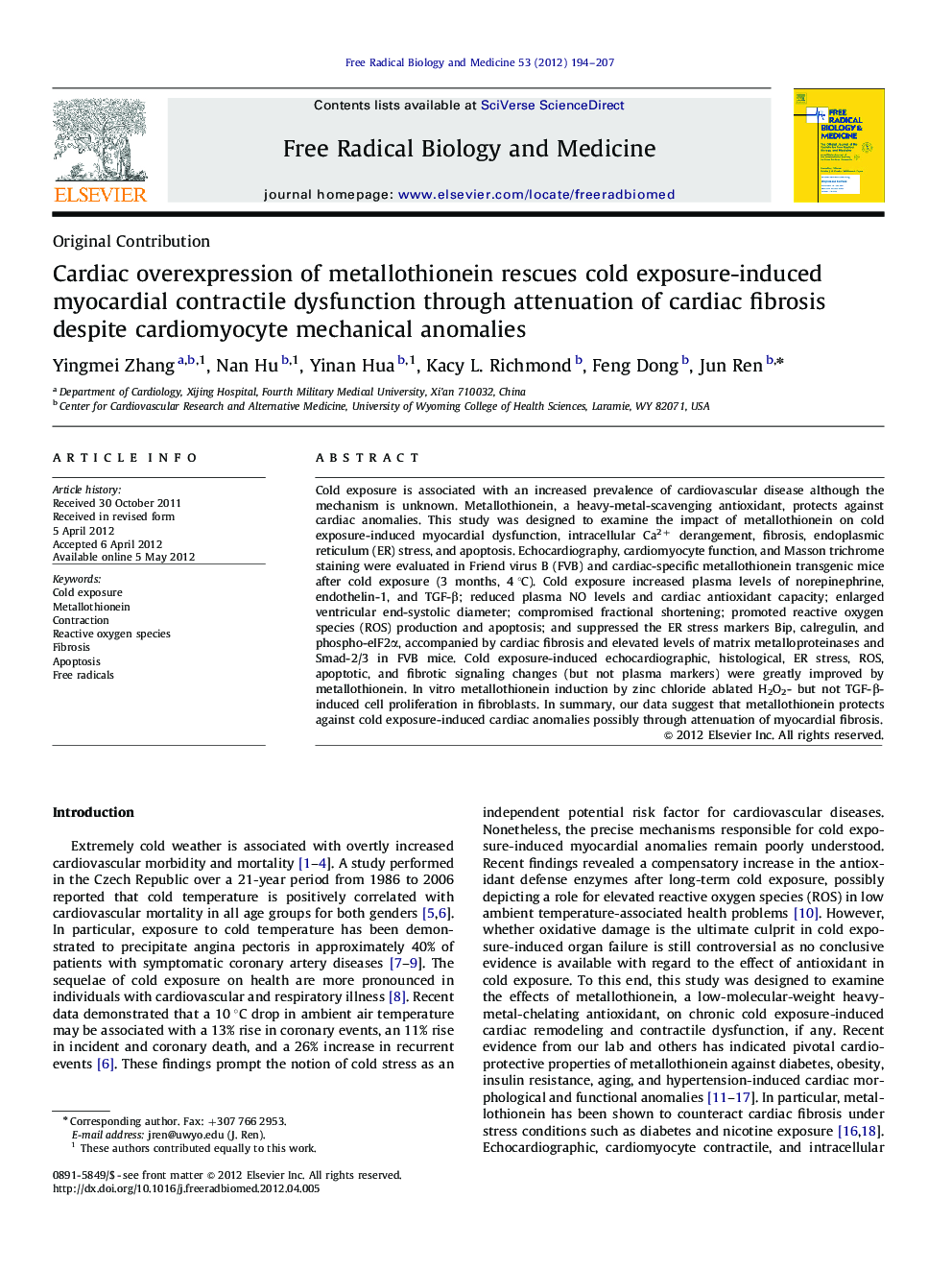 Cardiac overexpression of metallothionein rescues cold exposure-induced myocardial contractile dysfunction through attenuation of cardiac fibrosis despite cardiomyocyte mechanical anomalies