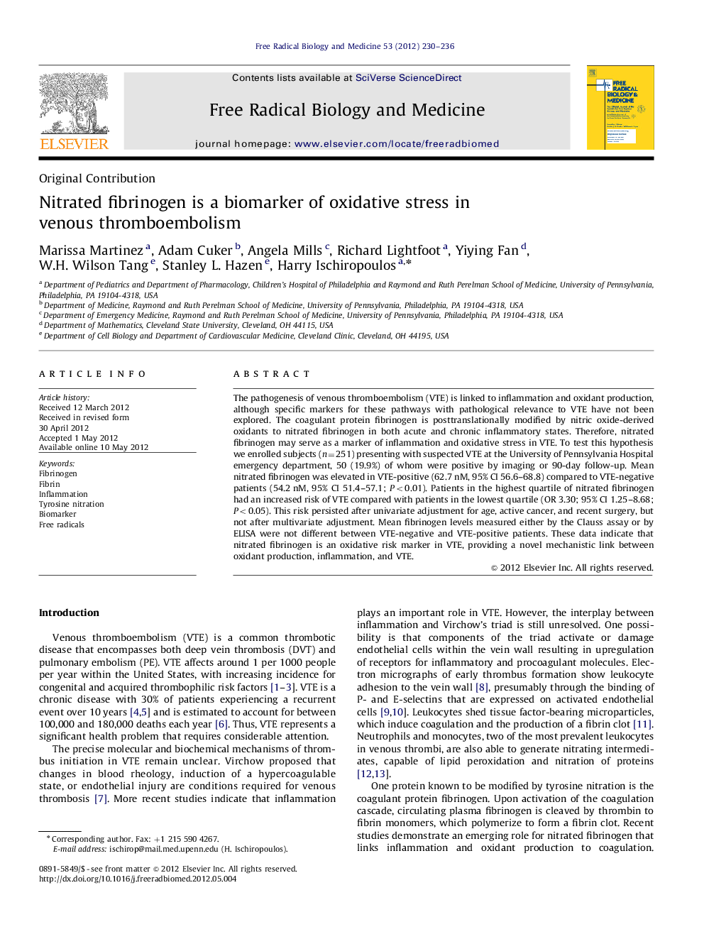 Nitrated fibrinogen is a biomarker of oxidative stress in venous thromboembolism