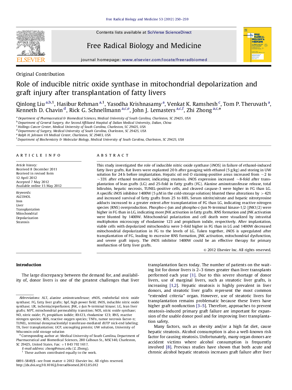 عکس صفحه اول مقاله: Role of inducible nitric oxide synthase in mitochondrial depolarization and graft injury after transplantation of fatty livers Role of inducible nitric oxide synthase in mitochondrial depolarization and graft injury after transplantation of fatty livers
