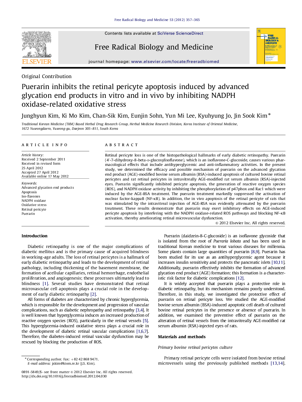 عکس صفحه اول مقاله: Puerarin inhibits the retinal pericyte apoptosis induced by advanced glycation end products in vitro and in vivo by inhibiting NADPH oxidase-related oxidative stress Puerarin inhibits the retinal pericyte apoptosis induced by advanced glycation end products in vitro and in vivo by inhibiting NADPH oxidase-related oxidative stress