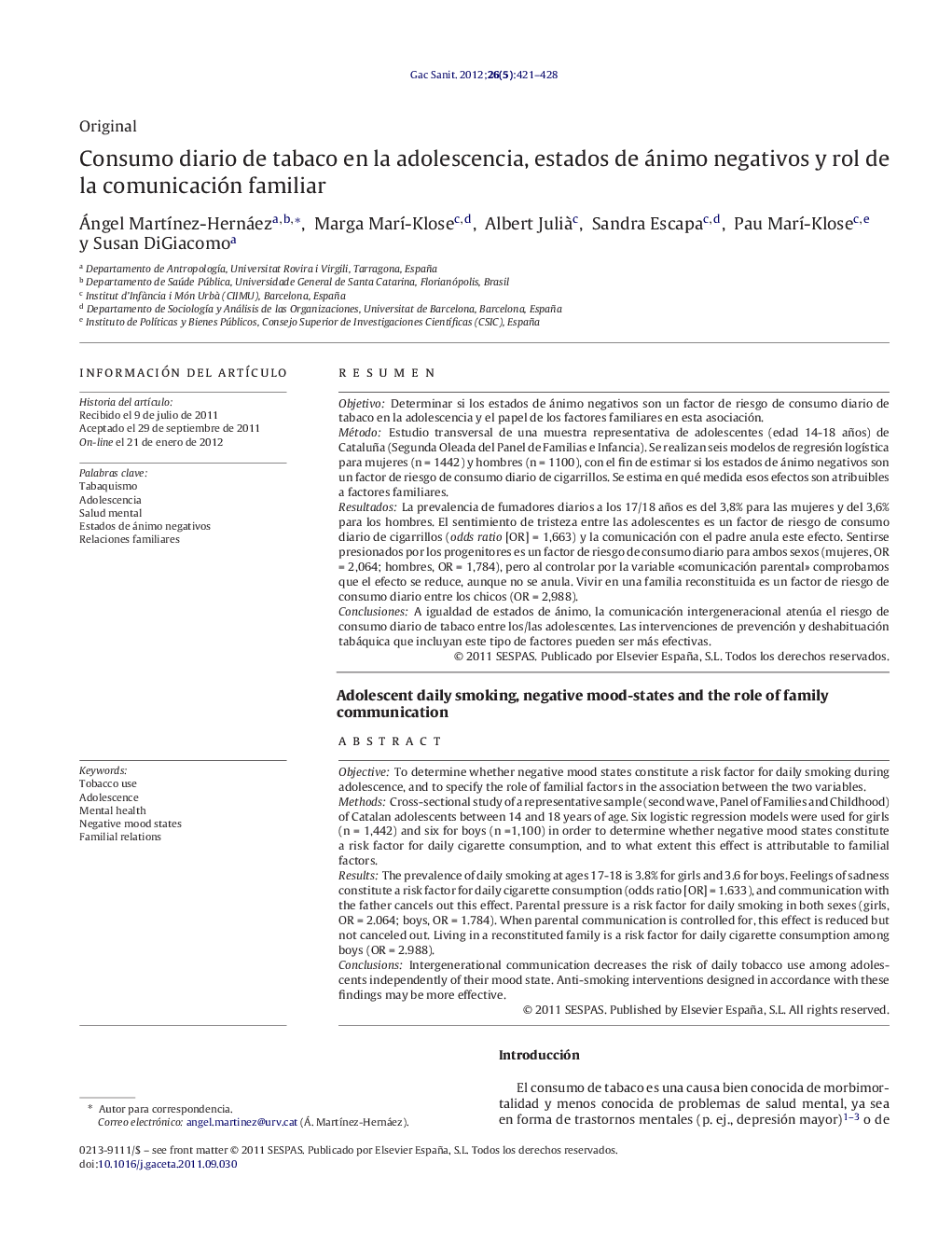 Consumo diario de tabaco en la adolescencia, estados de ánimo negativos y rol de la comunicación familiar