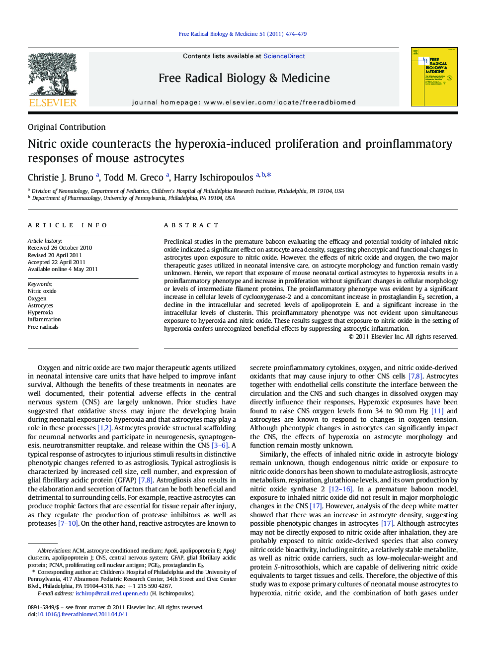 Nitric oxide counteracts the hyperoxia-induced proliferation and proinflammatory responses of mouse astrocytes