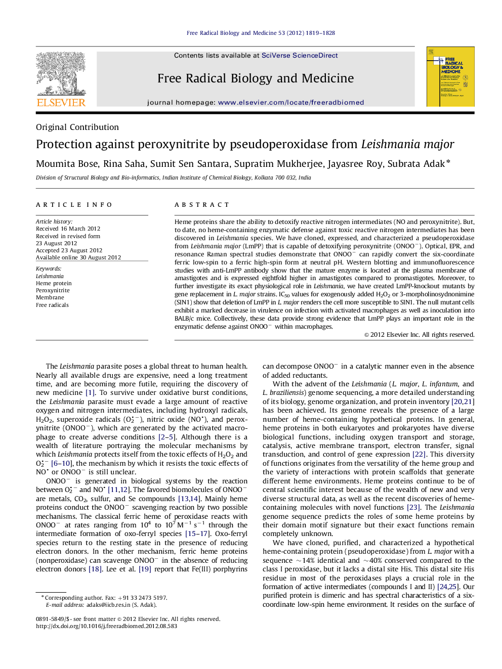 Protection against peroxynitrite by pseudoperoxidase from Leishmania major