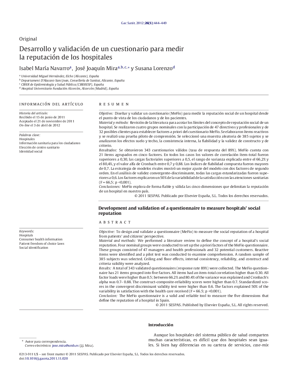 Desarrollo y validación de un cuestionario para medir la reputación de los hospitales