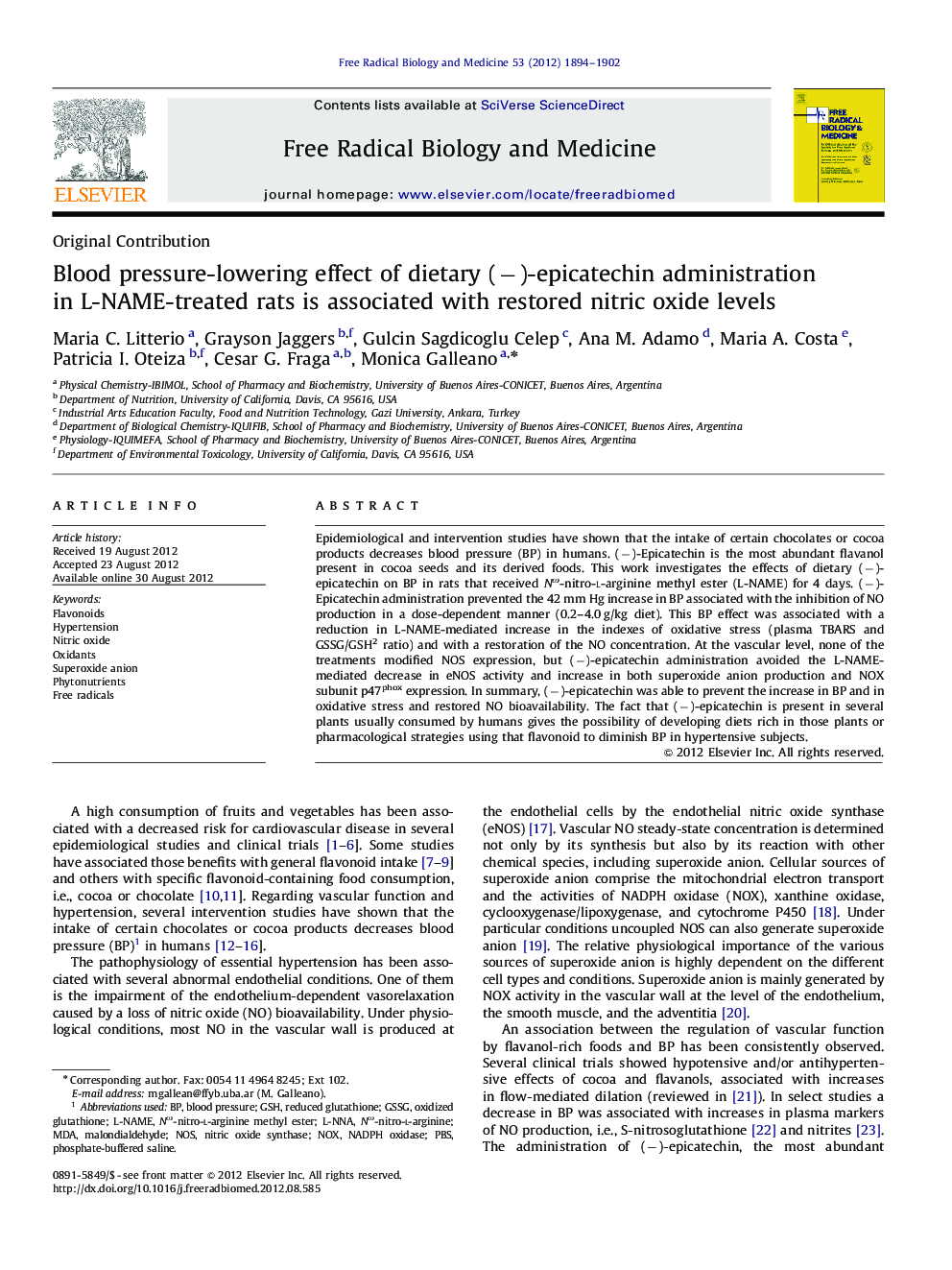 Blood pressure-lowering effect of dietary (â)-epicatechin administration in L-NAME-treated rats is associated with restored nitric oxide levels