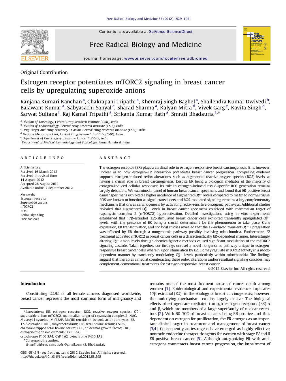 Estrogen receptor potentiates mTORC2 signaling in breast cancer cells by upregulating superoxide anions